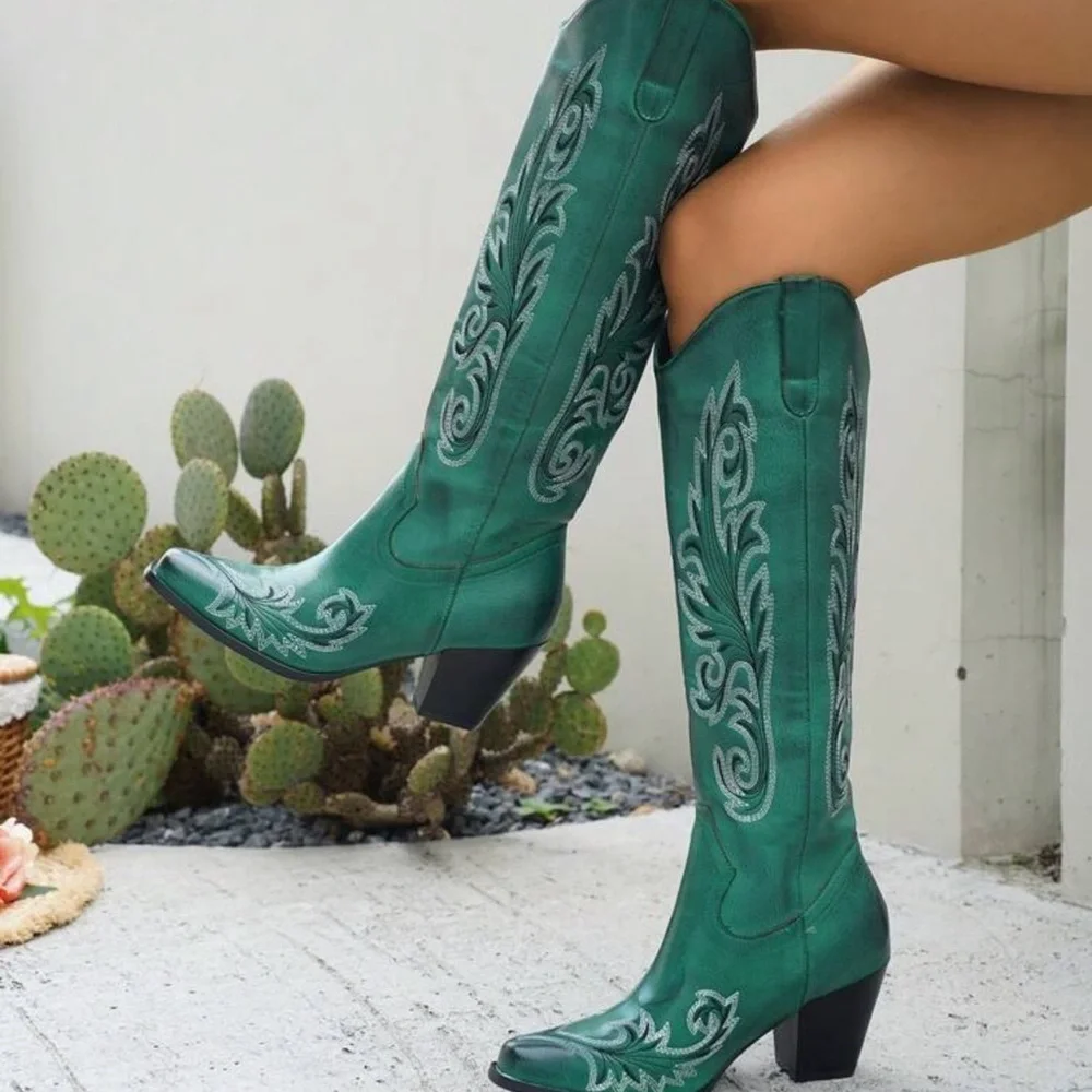 Women's Western Embroidered Pull-On Knee High Boots, Chunky Heel V-Cut Boots